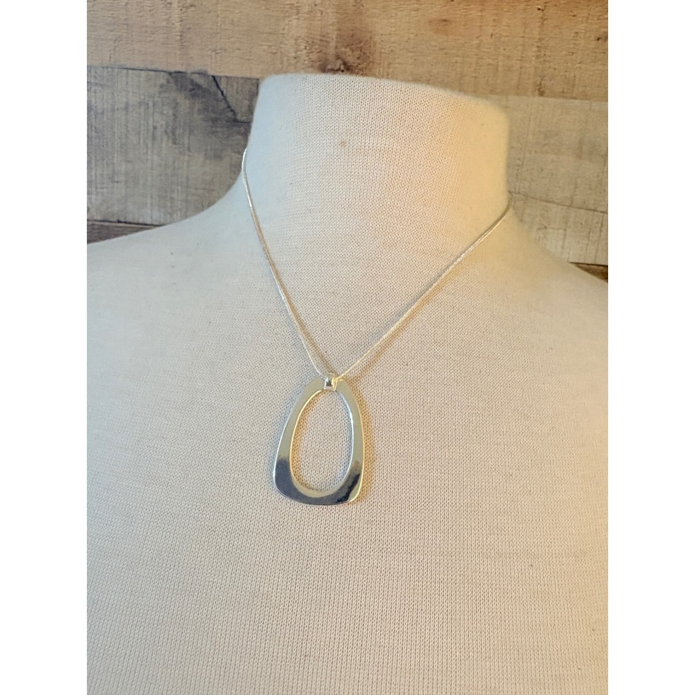 Silver Tone Modernist Open Teardrop Pendant Necklace 22 Inch Snake Chain